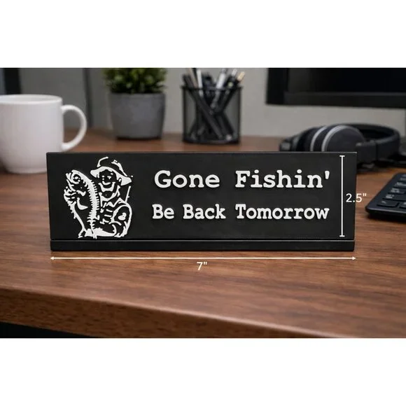 Gone Fishin' Desk Plaque | Raised Emblem Desk Sign | Fishing Enthusiast Decor - Picture 3 of 3